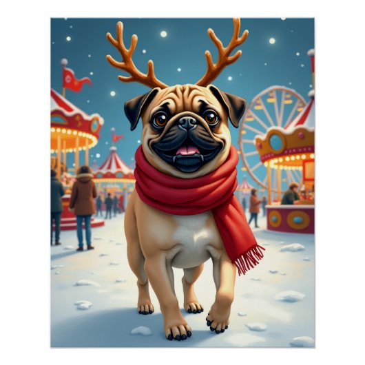Pug at the Winter Fairgrounds Christmas Painting Perfect Poster (Voorkant)