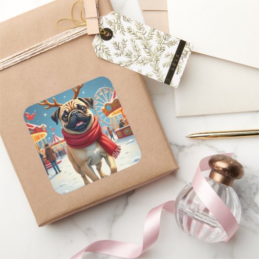 Pug at the Winter Fairgrounds Christmas Painting Vierkante Sticker (Geschenken)