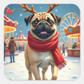 Pug at the Winter Fairgrounds Christmas Painting Vierkante Sticker (Voorkant)