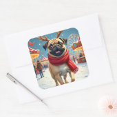 Pug at the Winter Fairgrounds Christmas Painting Vierkante Sticker (Envelop)
