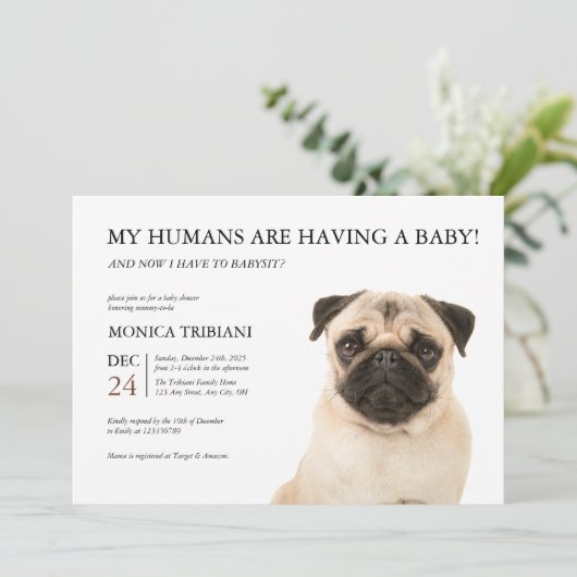 Pug Baby shower minimalistische uitnodiging (Staand voorkant)