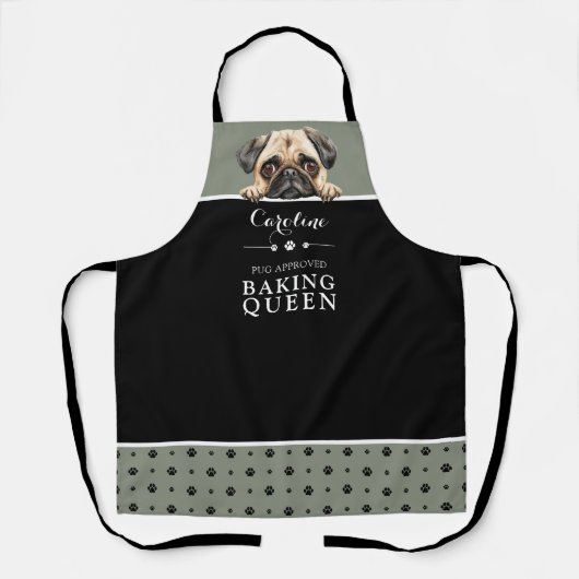 Pug Baking Queen Sage Green Custom Schort (Voorkant)