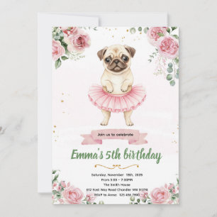 Pug Ballerina Verjaardagsuitnodiging Kaart