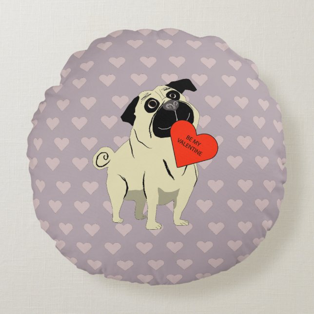 Pug be my Valentine Rond Kussen (Voorkant)