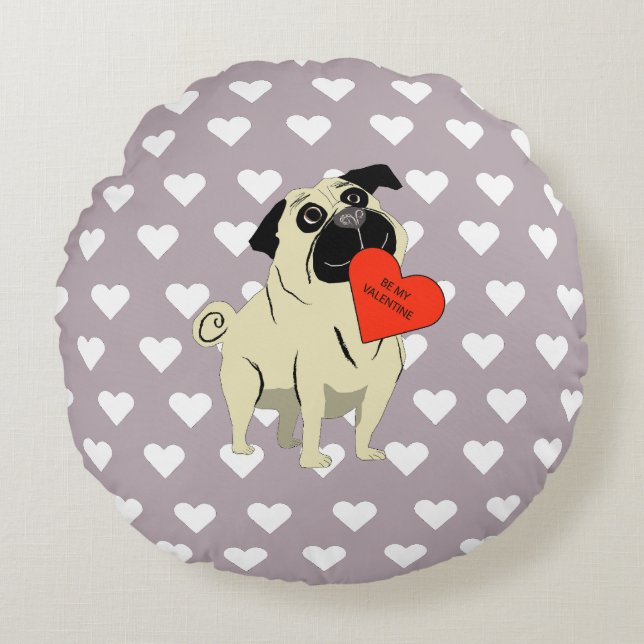 Pug be my Valentine Rond Kussen (Voorkant)