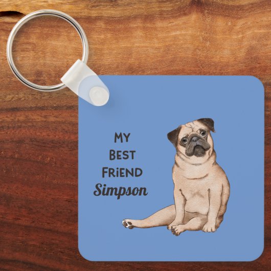 Pug Beste Vriend Aangepaste Naam Terug Naar Info Sleutelhanger (Voorkant)