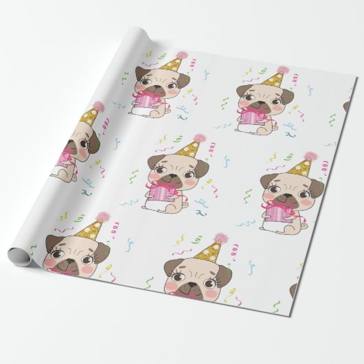 Pug Birthday Cute Dog Patroon Cadeaupapier (Uitgerold)