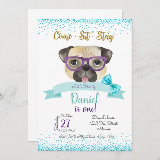 Pug Birthday Invitation, Pug Invite Kaart (Voorkant / Achterkant)