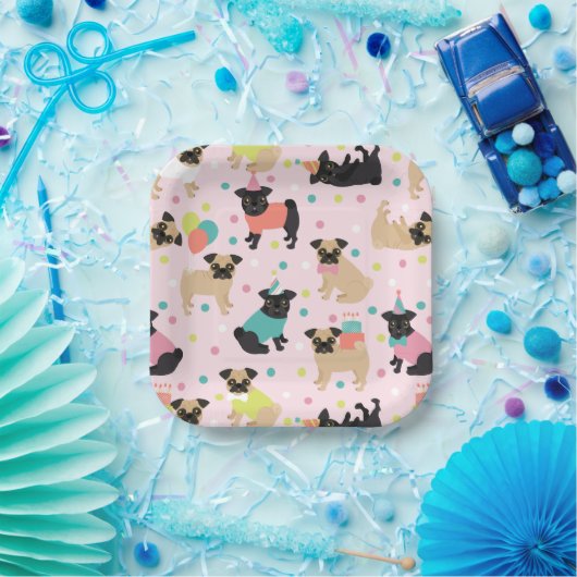 Pug Birthday Party Celebration Papieren Bordje (Feest)