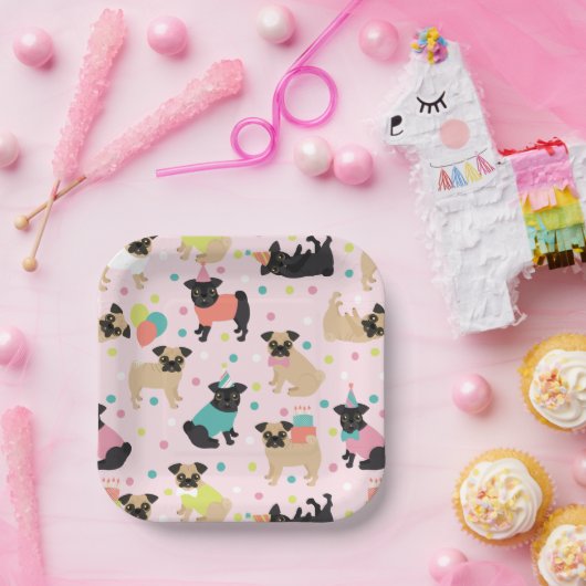 Pug Birthday Party Celebration Papieren Bordje (Feest)