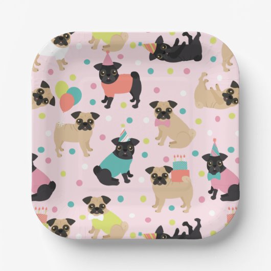 Pug Birthday Party Celebration Papieren Bordje (Voorkant)