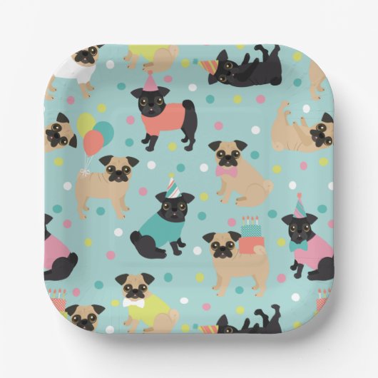 Pug Birthday Party Celebration Papieren Bordje (Voorkant)