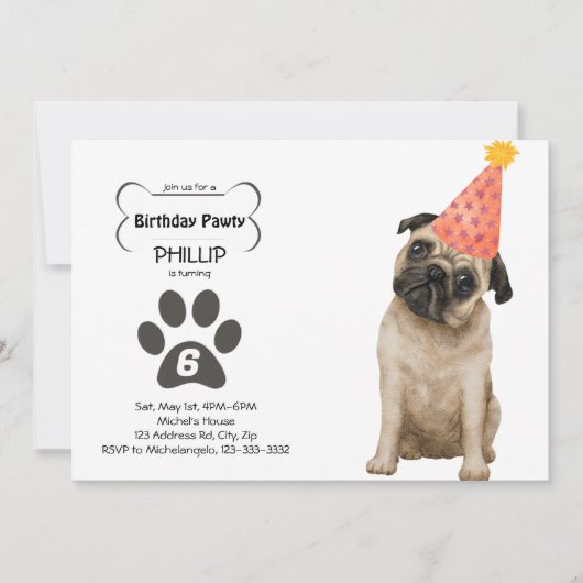  Pug Birthday PAWTY Kaart (Voorkant)