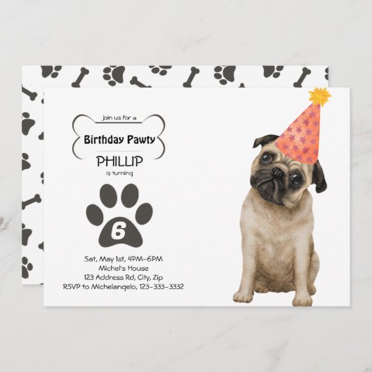 Pug Birthday PAWTY Kaart (Voorkant / Achterkant)