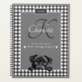 Pug Black White Gingham Aangepaste naam Monogram Planner (Voorkant)