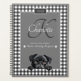 Pug Black White Gingham Aangepaste naam Monogram Planner
