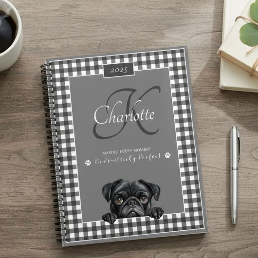 Pug Black White Gingham Aangepaste naam Monogram Planner