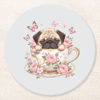 Pug Blossom Dreams Coaster – Cute Floral Pug Drink Ronde Kartonnen Onderzetter