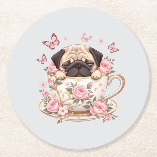 Pug Blossom Dreams Coaster – Cute Floral Pug Drink Ronde Kartonnen Onderzetter (Voorkant)