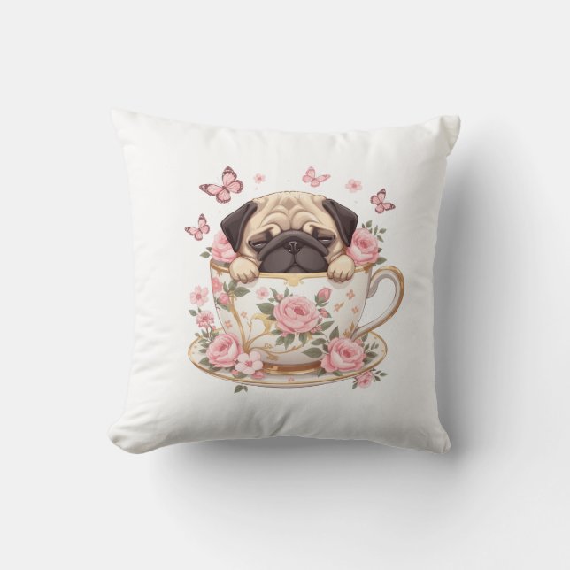Pug Blossom Dreams Throw Pillow – Cute Floral Pug  Kussen (Voorkant)