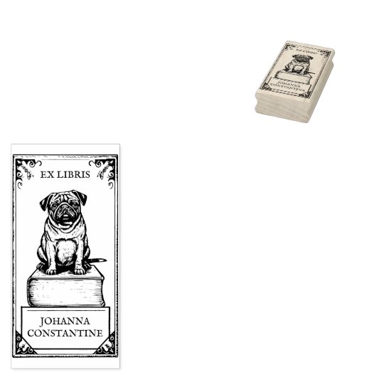 Pug Bookplate Rubberstempel (Gestempeld)