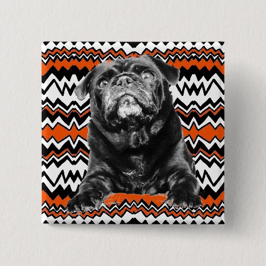 PUG BUTTON Oranje, zwart & wit RAD ZAG (Voorkant)