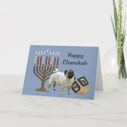 Pug Chanukah Kaart Menorah Dreidel (Voorkant)
