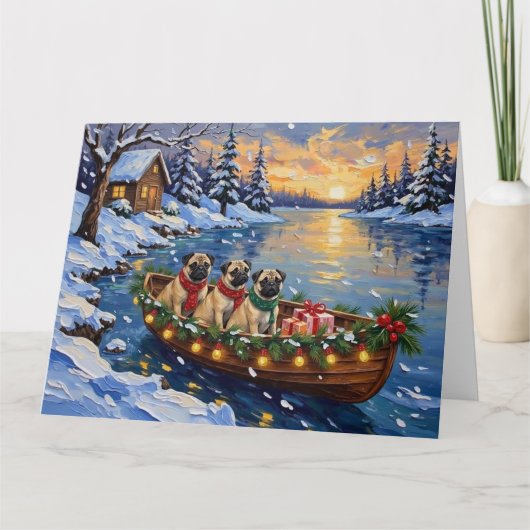 Pug Christmas Boat Holiday Kaart (Voorkant)