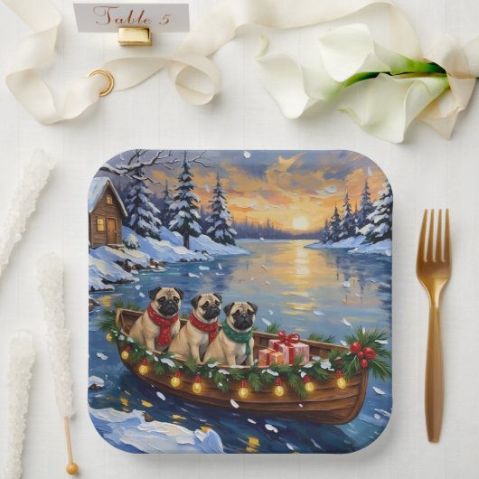 Pug Christmas Boat Holiday Papieren Bordje (Huwelijk)