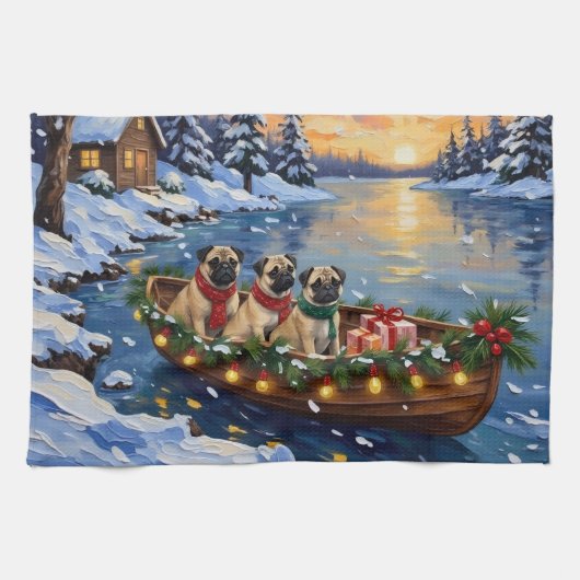 Pug Christmas Boat Holiday Theedoek (Horizontaal)