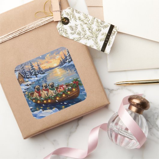 Pug Christmas Boat Holiday Vierkante Sticker (Geschenken)