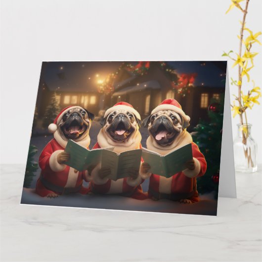 Pug Christmas Carolers Fun Holiday Kaart (Gele Bloem)