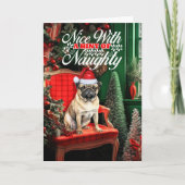Pug Christmas Dog Naughty or Nice Feestdagen Kaart (Voorkant)