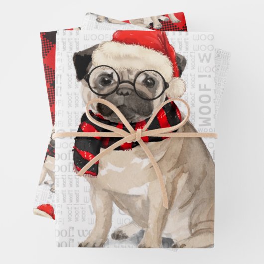 Pug Christmas Dog op Rood en Zwart Plaid Wrapping Inpakpapier Vel (In situ)