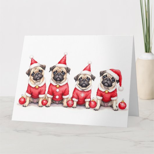 Pug Christmas Dress Santa Hat Kaart (Voorkant)