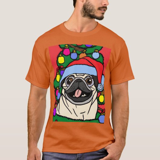 Pug Christmas Pug met kerst Pet en retro T-shirt (Voorkant)