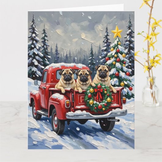 Pug Christmas Red Truck Holiday Kaart (Gele Bloem)