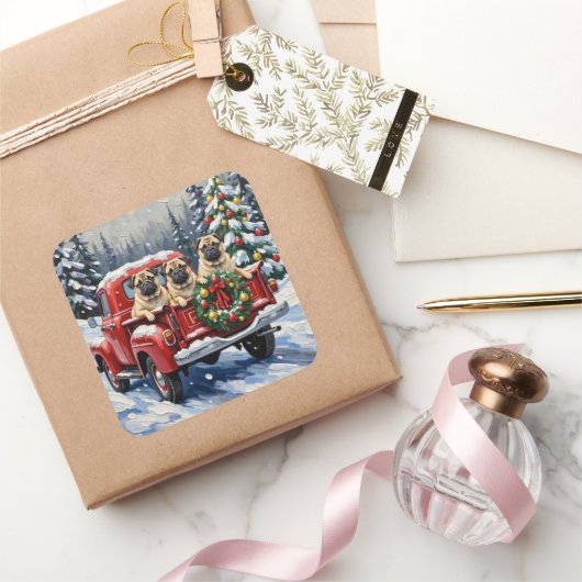 Pug Christmas Red Truck Holiday Vierkante Sticker (Geschenken)