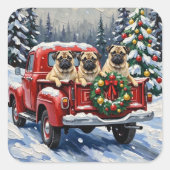 Pug Christmas Red Truck Holiday Vierkante Sticker (Voorkant)