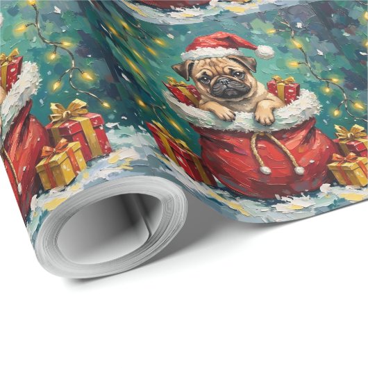 Pug Christmas Santa Bag Adventure Cadeaupapier (Rol Hoek)