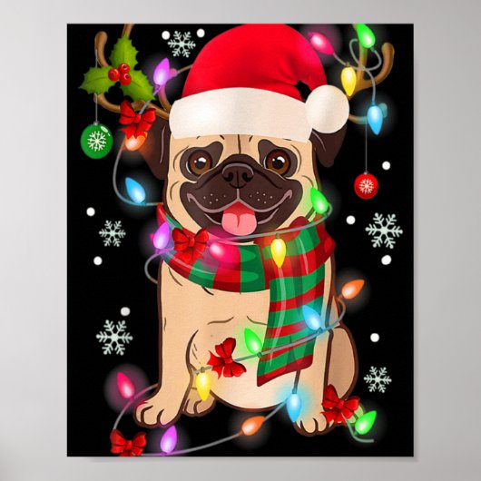 Pug Christmas Tree Lights Santa Dog Xmas Boys Pugm Poster (Voorkant)