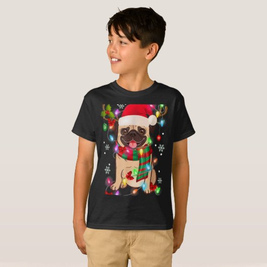 Pug Christmas Tree Lights Santa Dog Xmas Boys Pugm T-shirt (Voorkant volledig)