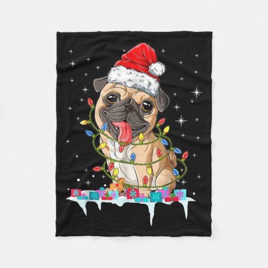 Pug Christmas Tree Lights Santa Dog Xmas  Fleece Deken (Voorkant)