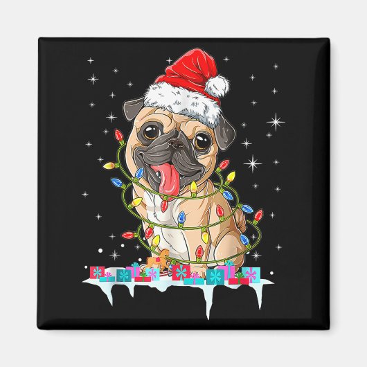 Pug Christmas Tree Lights Santa Dog Xmas Magneet (Voorkant)