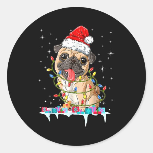 Pug Christmas Tree Lights Santa Dog Xmas  Ronde Sticker (Voorkant)