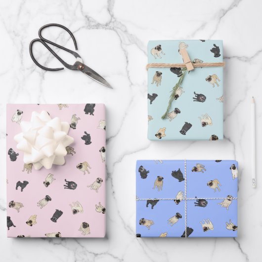 Pug Confetti - roze, blauw, munt aqua Inpakpapier Vel (Voorkant)