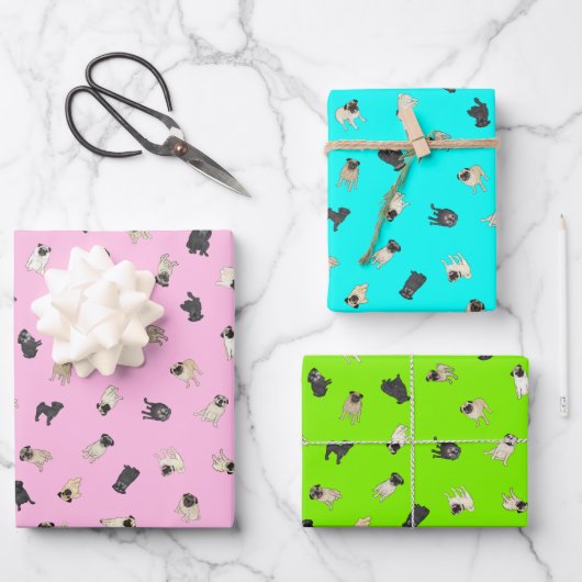 Pug Confetti - roze, turkooizen, groen Inpakpapier Vel (Voorkant)