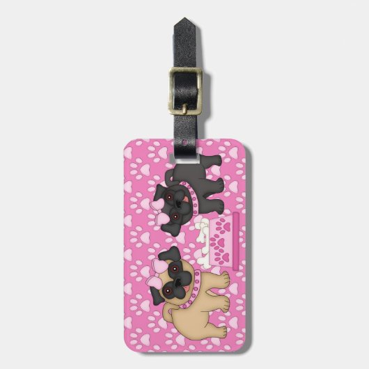 Pug Cuties Roze Strepen en Pootjes - Aanpassen Bagagelabel (Voorkant verticaal)