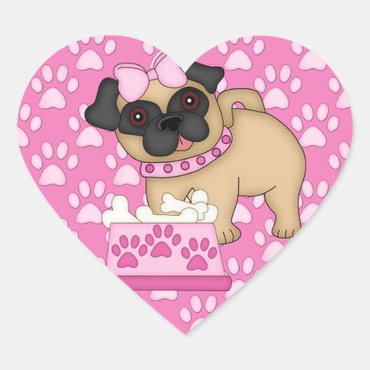 Pug Cuties roze strepen en poten Hart Sticker (Voorkant)