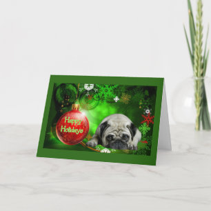 Pug de Rode Bal van de Kerstkaart Feestdagen Kaart